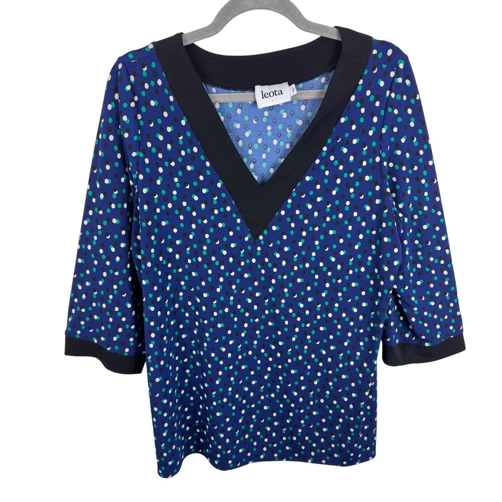 Leota Blue Polka Dot V-Neck 3/4 Sleeve Blouse Top Size 1L Made in USA